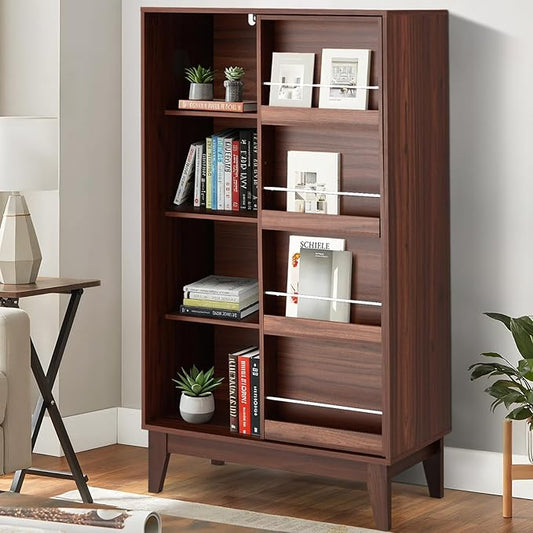 JOMEED 4 Tier Bookshelf with Sliding Door and Magazine Rack, Double Wide Modern Bookcase with Sturdy Legs, Floor Standing Display Book Cabinet for Living Room, Bedroom, Library, Office Walnut