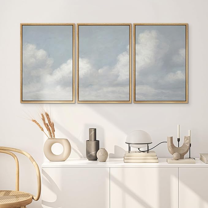 SIGNWIN Framed Canvas Print Wall Art Set Soft Sky and Clouds Minimalist Blue and White Cloudscape Illustrations Modern Art Decorative for Living Room, Bedroom, Office - 24"x36"x3 Natural