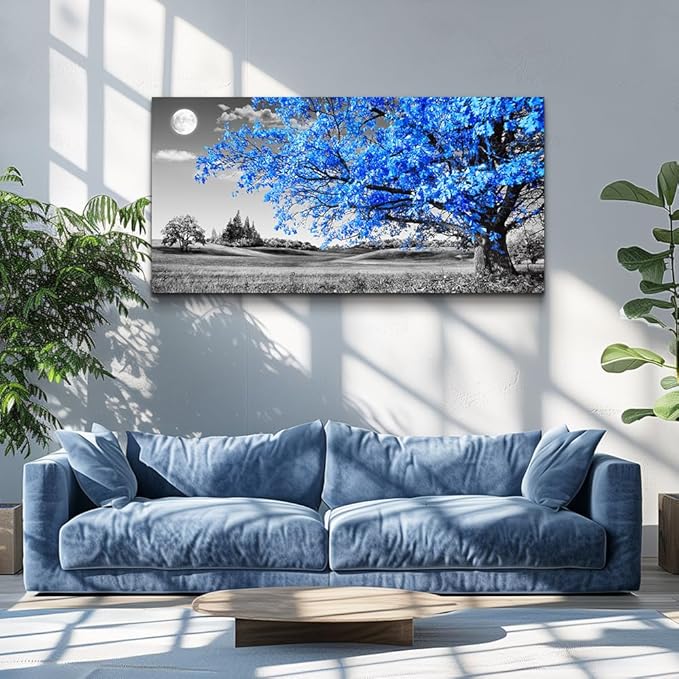 large wall art for living room Blue moon tree landscape Abstract painting office bedroom Wall Decor 30" x 60" single Pieces Canvas Prints Ready to Hang for Home Decoration Black and white Works of art
