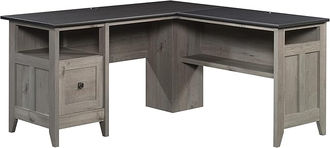 Sauder August Hill L-Shaped Home Office Desk, Farmhouse Corner Desk with File Drawer, Cable Management, Mystic Oak Finish