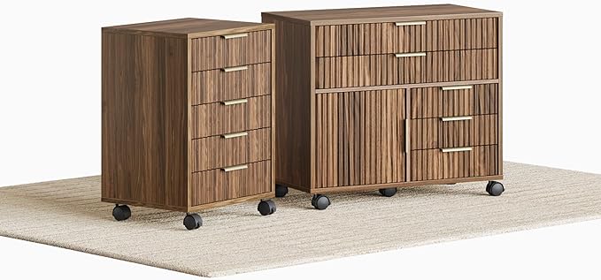 Home Office Furniture Set, Fluted Wooden File Cabinet with Locable Wheels, Filing Cabinet with 5 Drawers for Home Office, Black Walnut