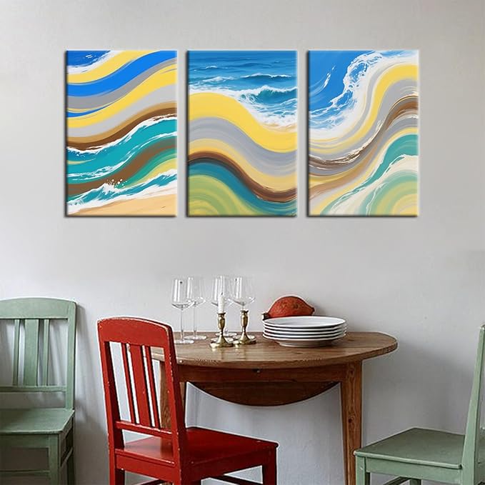 Ocean Graffiti Canvas Wall Art Abstract Waves Poster Print Colorful Sandy Beaches Picture Painting for Office Home Office Parlour Living Room Decoration Stretched and Framed [48''Wx24''H]