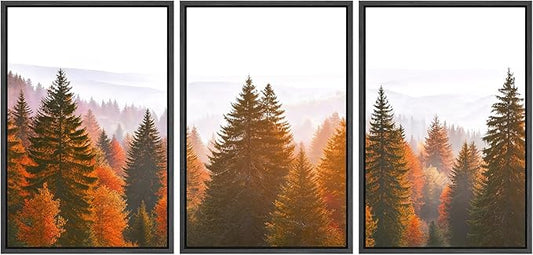 SIGNFORD Framed Wall Art Print Set Golden Autumn Forest Warm Sunrise Landscape Digital Art Modern Art Contemporary for Living Room, Bedroom, Office - 24"x36"x3 Black