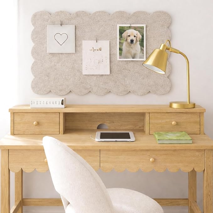 Orelle Scalloped Felt Bulletin Board | 35 x 23” | Foldable Peel and Stick Felt Board for Wall | Alternative Cork Board for Office, Message Board, Kids Art Display | Beige