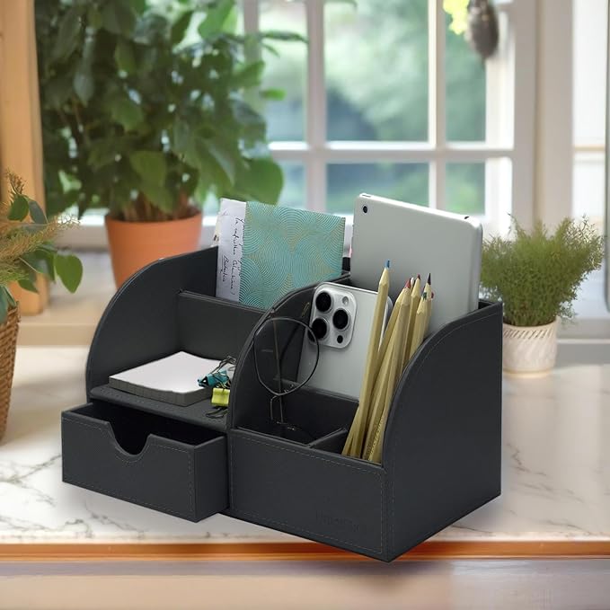 UnionBasic Desk Organizer - Multifunctional Leather Desktop Pen Holder Storage Box - Business Card/Pen/Pencil/Mobile Phone/Stationery Holder, Taiga Dark Gray