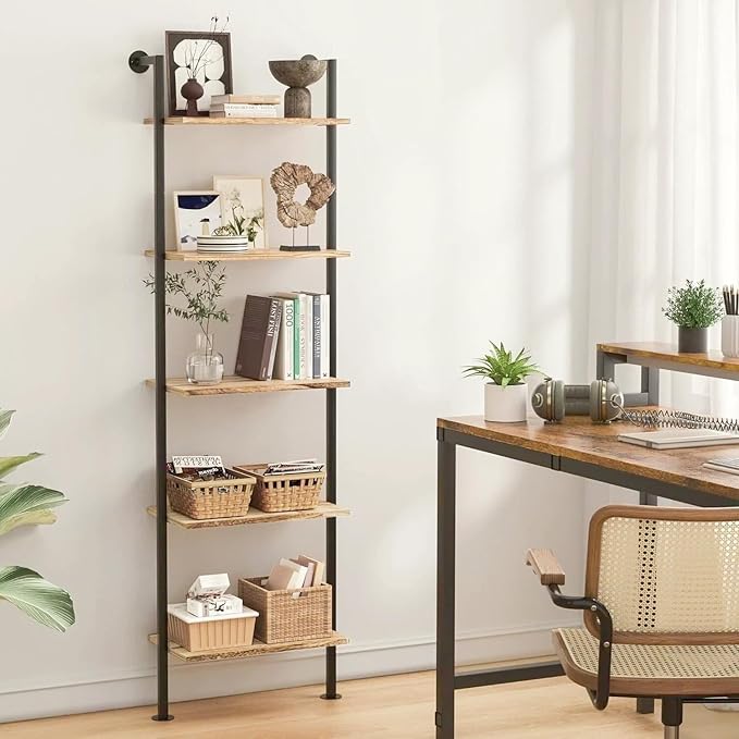 5-Tier Bookshelf Solid Wood Ladder Shelf, Narrow Book Shelf Display Shelf, Wooden Bookcase, Wall Mount Ladder Shelf, Storage Rack for Living Room, Bedroom, Industrial Style, Rustic Brown