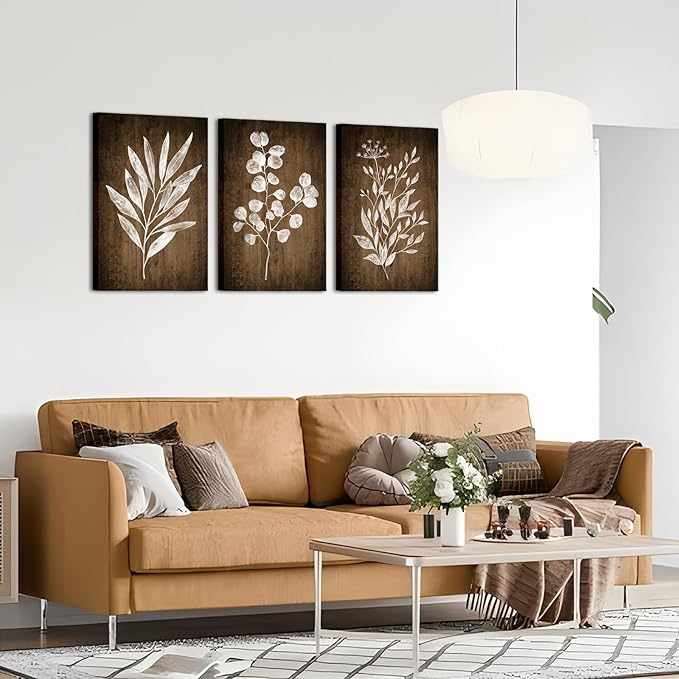 Conipit Rustic Botanical Wall Art Canvas Brown Botanical Painting Minimalist Vintage Leaf Plant Artwork Prints Framed For Living Room Bedroom Wall Decor 16''X24''X3pcs