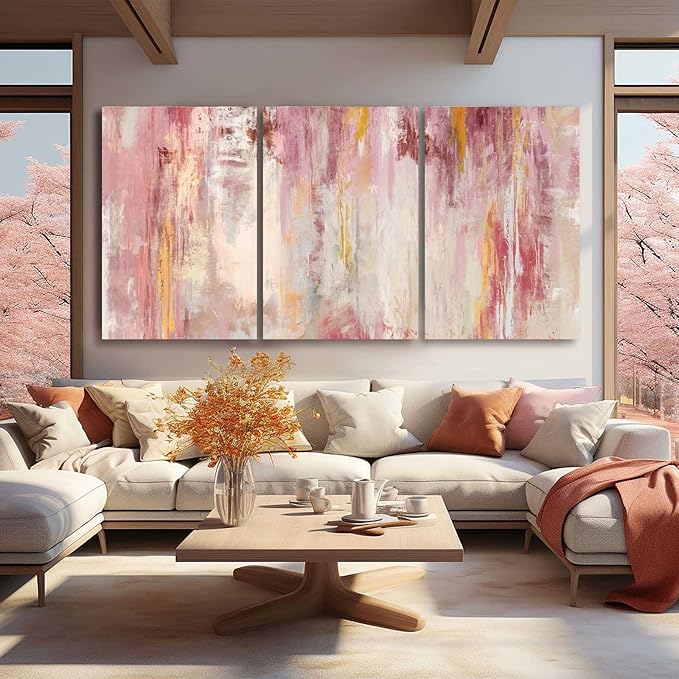 Kureful Large Pink Wall Art Gold Bedroom Decor for Teens Abstract Wall Art for Living Room Canvas Wall Paintings Gold Artwork Pictures for Wall 24"x 36"x 3 Panel
