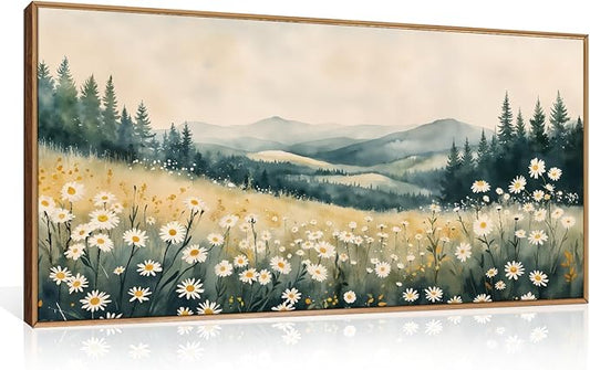 BICERE Large Misty Mountain Framed Canvas Wall Art,Nature Daisy Flower Wall Decor,Modern Foggy Forest Art Painting,Abstract Woodland Landscape Artwork for Living Room,Bedroom,Dining Room-20"x40"x1