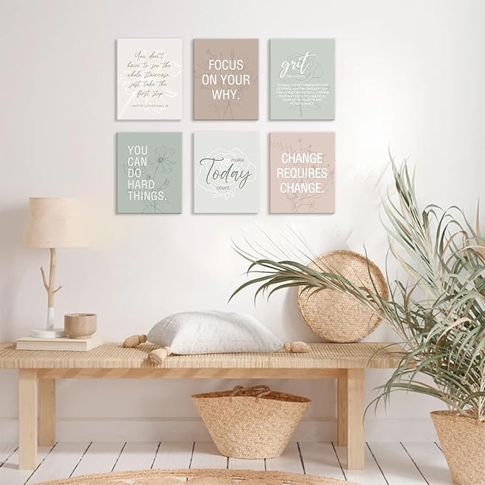 CHDITB Inspirational Framed Canvas Wall Art Set, Motivational Quotes Wall Decor, Botanical Flower Line Art, Positive Affirmation Poster, Minimalist uplifting Prints For Bedroom Office Decor 8”X10”x6
