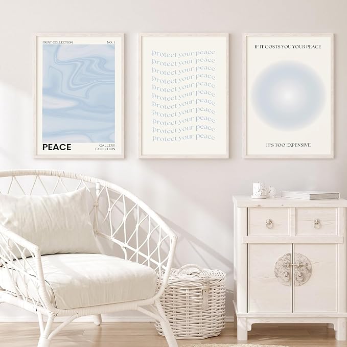 Blue Aura Wall Art Decor Retro Aesthetic Canvas Wall Art Pastel Abstract Pictures Prints Preppy Gradient Spiritual Poster Trendy Artwork Blue Painting for Room Bedroom 16x24 Inch Unframed Set of 3