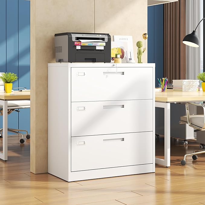 Metal 3 Drawer Lateral File Cabinet with Lock, Wide&Deep Filing Cabinet for Letter/Legal/F4/A4 Hanging Files, Includes Business Card Holder, Home Office School Storage