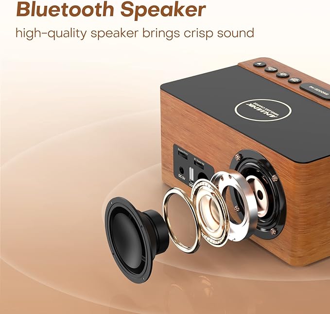 ANJANK Wooden Bluetooth Speaker, Alarm Clock with FM Radio, Qi Certified Fast Wireless Charging Station for iPhone/Samsung, USB Charger Port, Dimmable Display, Digital Wood Clock for Bedroom, Bedside