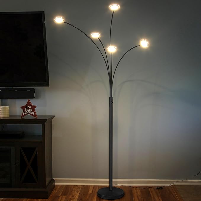 Brightech Orion Arc Floor Lamp for Living Room, Dimmable Tree Floor Lamp with 5 Adjustable Arms, Multi-Head Standing Lamp with Flexible Rotating LEDs for Bedroom - Bright Hanging Lighting - Black