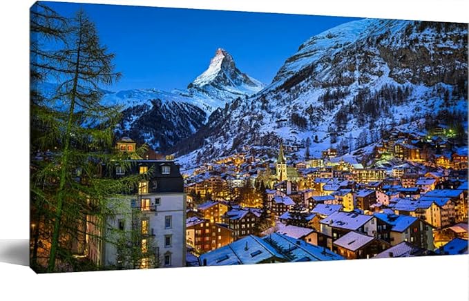 Aerial View Zermatt Valley and Matterhorn Peak at Dawn Canvas Wall Art Large Framed Prints Pictures Wall Decor Posters Painting Artwork for Living Room Bedroom Kitchen Bathroom 12x24
