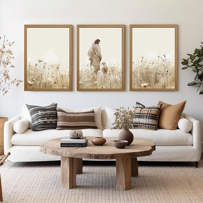 Jesus Leaves the 99 Sheep Wall Art Christian Canvas Poster Jesus and Lamb Wall Decor Religious Pictures Lost Sheep Painting God Christ Painting Artwork for Bedroom Living Room 16x24x3 Inch Wood Framed