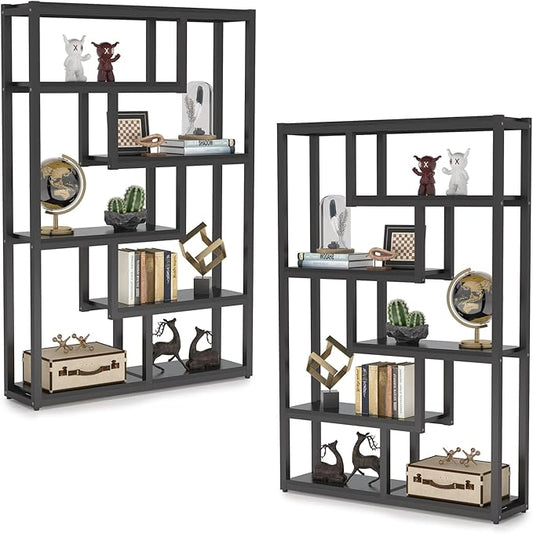 Tribesigns Way to Origin 6-Shelf Modern Bookshelf Set of 2, Industrial Etagere Bookcase, 69-Inch Tall Storage Display Staggered Shelves with Sturdy Metal Frame, Black