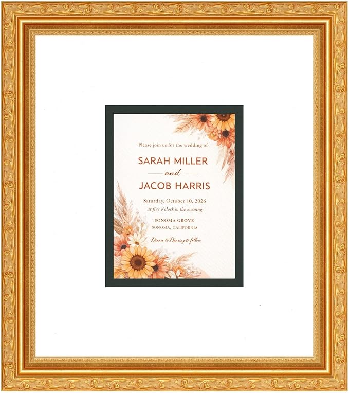 Poster Palooza Wedding Invitation Display Frame 10x11.25 in Gold With White and Black Double Mat for 4.25x5.5 A2 Keepsake | USA Made