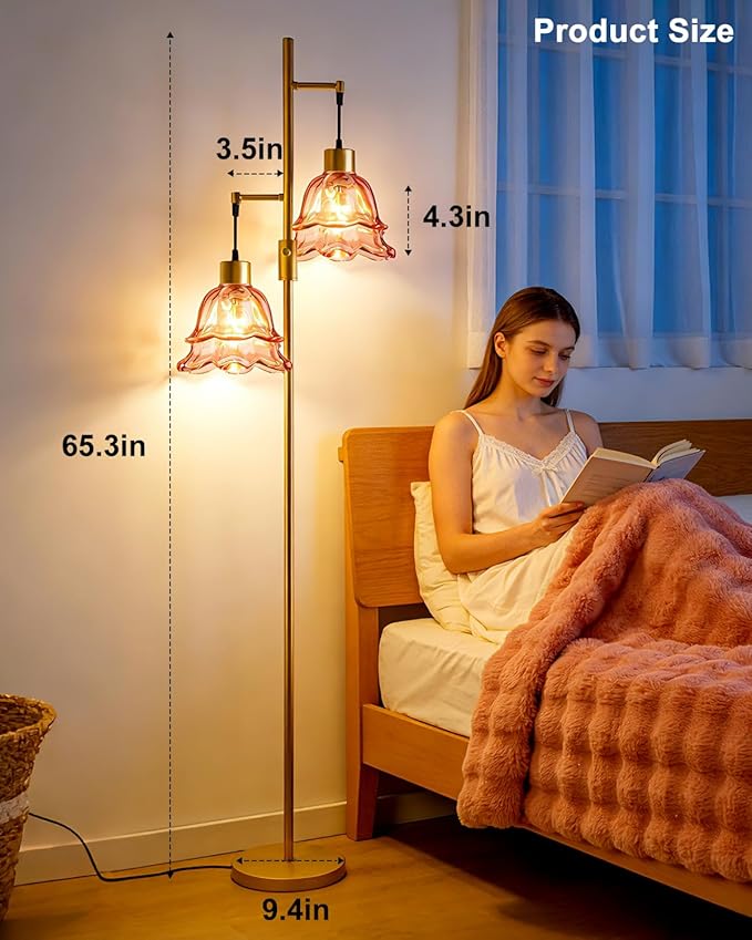 Lightdot 65IN Gold Flower Floor Lamp for Living Room, 2- Light Dimmable Floor Lamps with Deep Red Glass Lampshade,3000K Warm White Modern Standing Tall Lamp for Bedroom Sofa Beside Corner Decor
