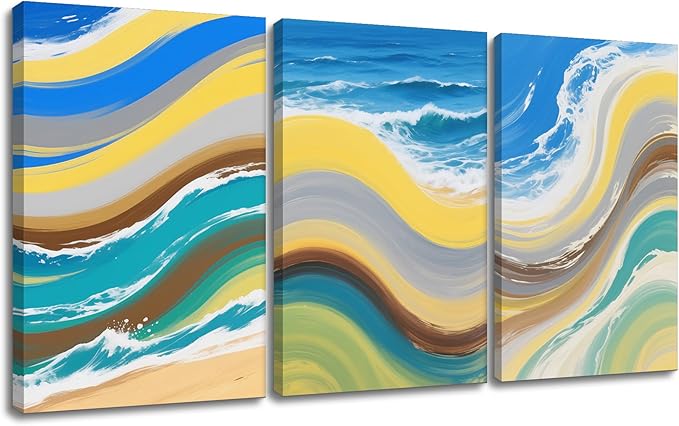 Ocean Graffiti Canvas Wall Art Abstract Waves Poster Print Colorful Sandy Beaches Picture Painting for Office Home Office Parlour Living Room Decoration Stretched and Framed [48''Wx24''H]