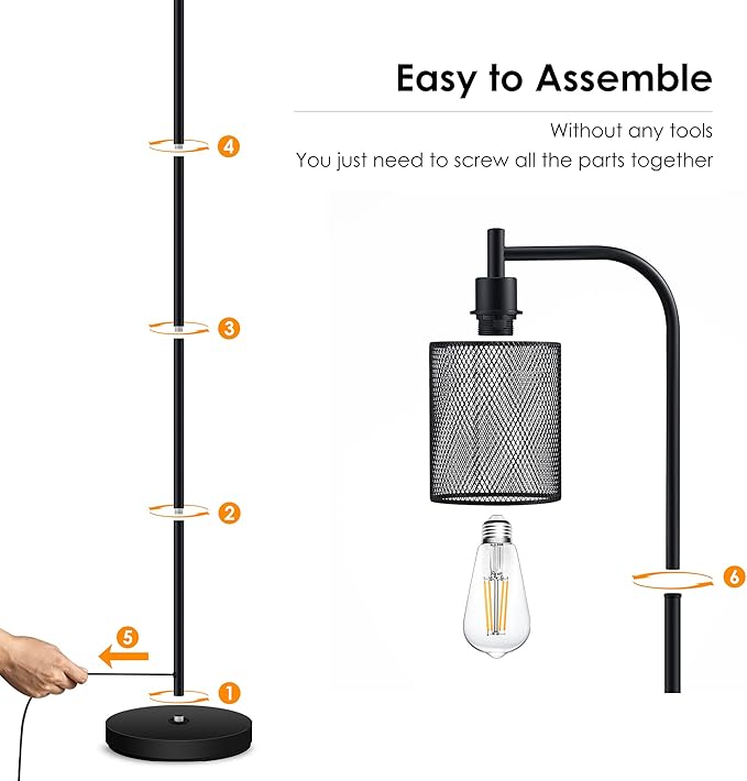 BoostArea Industrial Floor Lamp, Standing Lamp with Hanging Iron Mesh Lamp Shade, 6W LED Bulb, Whole Metal Farmhouse Floor Lamp with Foot Switch, Rustic Floor Lamps for Living Room Bedroom, Black