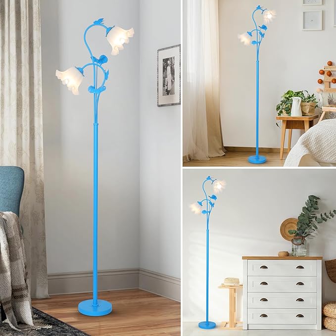 HMVPL Blue Floor Lamp for Living Room, Flower Standing Lamp with 2 LED 5W Blubs, Foot Switch, Floral Tall Lamp with Acrylic Shade, Antique Lotus Flower Floor Lamp for Living Room Office Reading