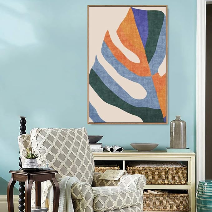 IDEA4WALL Framed Canvas Print Wall Art Orange, Blue & Green Abstract Monstera Leaf Geometric Shapes Illustrations Modern Art Mid-Century Modern for Living Room, Bedroom, Office - 16"x24" Natural