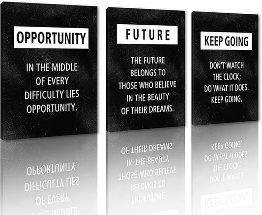 Office Wall Art Modern Motivational Wall Decor Framed Opportunity Future Keep Going Inspirational Canvas Prints Encourage Poster Black Pictures Positive Affirmation Painting Artwork, 12x16 inx 3PCS