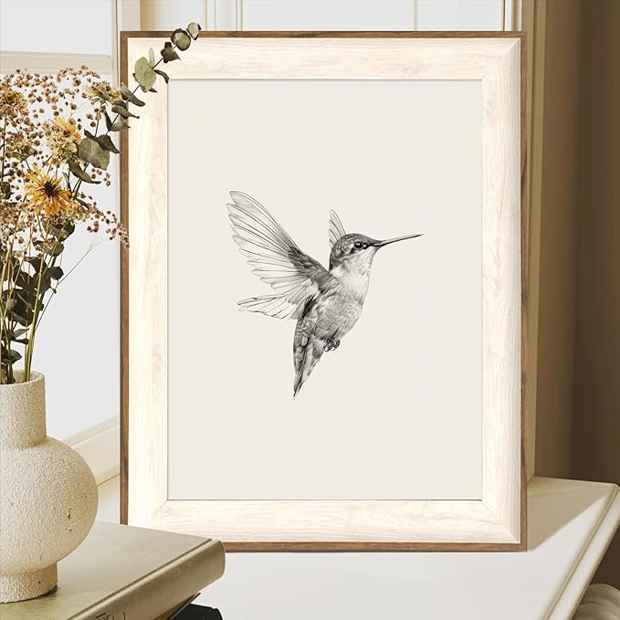 ASTRDECOR Hummingbird Wall Art Prints – Vintage Black and White Bird Sketch Painting Picture, Rustic Neutral Decor Canvas Wall Decor for Modern Home and Bedroom Decoration – Framed 12''x16''