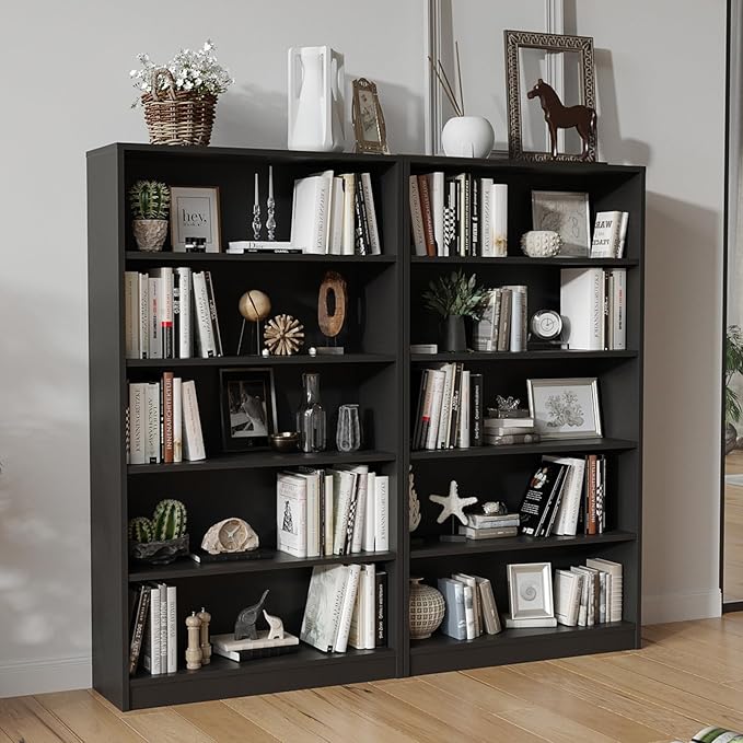 Bookcase Adjustable Storage Shelves,5-Tier Modern Wood Bookcase for Bedroom,60-Inch Bookshelf, Office, Living Room & Library(Black)