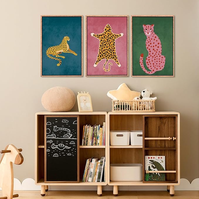 Ausril Cheetah Animals Framed Canvas Wall Art Set, Leopard Preppy Room Wall Decor, Modern Boho Cats Wall Painting, Pink Dot Cartoon Art Print for Living Room Bedroom Dinning Room Office 24"x36"x3