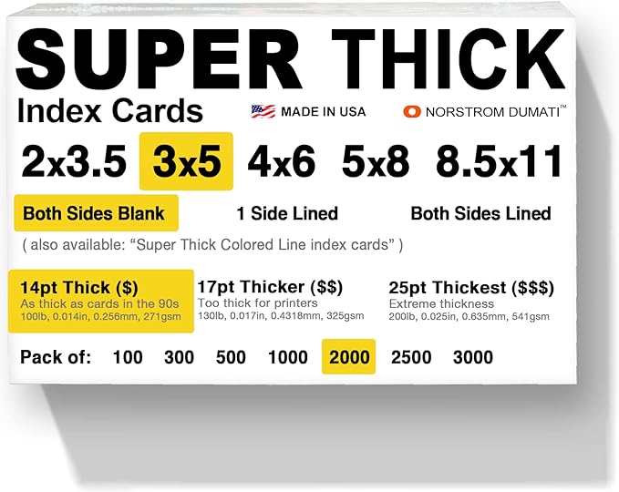 2,000 SUPER THICK index cards / 3"x5" / 14pt (0.014") 100lb / blank un-ruled/archival acid-free in bulk