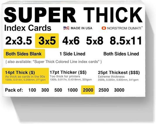 2,000 SUPER THICK index cards / 3"x5" / 14pt (0.014") 100lb / blank un-ruled/archival acid-free in bulk