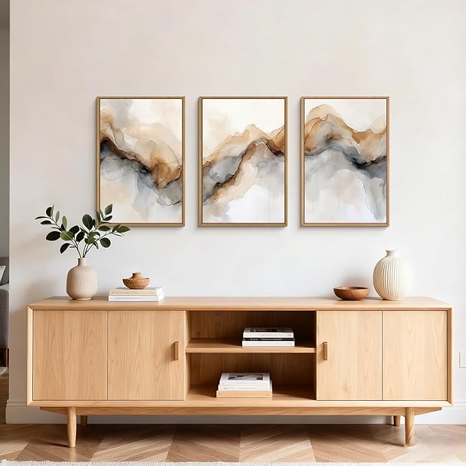 Ausril Abstract Neutral Framed Canvas Wall Art Set, Retro Watercolor Landscape Wall Decor, Modern Texture Art Prints, Minimalist Nature Wall Painting for Living Room, Bedroom, Office 16×24inches