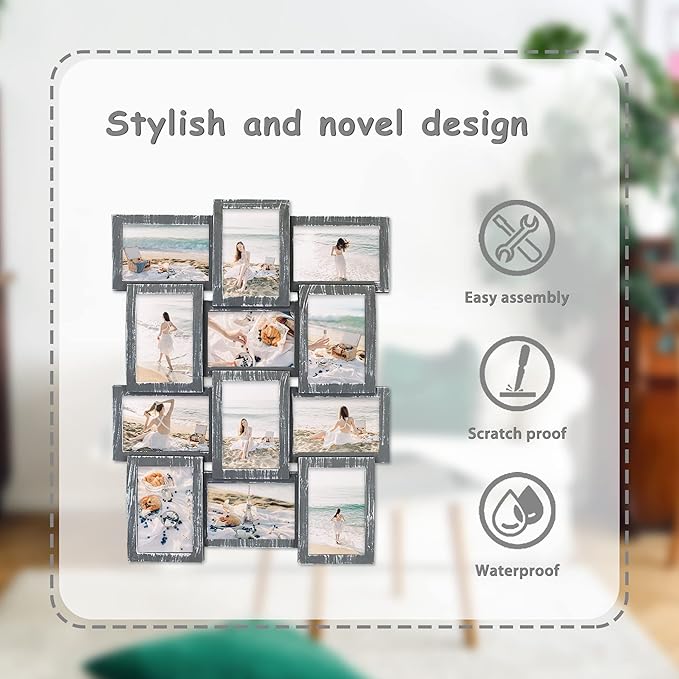 HELLO LAURA - 4x6 Picture Frame Collage for 12 Opening Photos in 4x6 inch Classic Pictures Frames Gallery Display 23" x 18" Wall Hanging Photo Collage Frame | Camouflage Like Edge