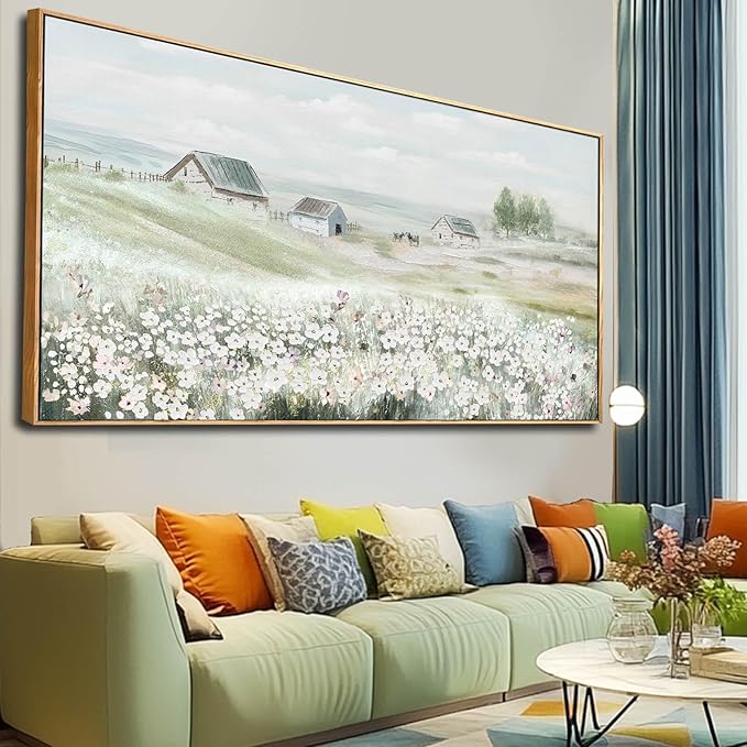 Modern Farmhouse Wall Art White Floral Wall Decor Green Print Pictures Framed Arts Extra Large Artwork 36"x70"