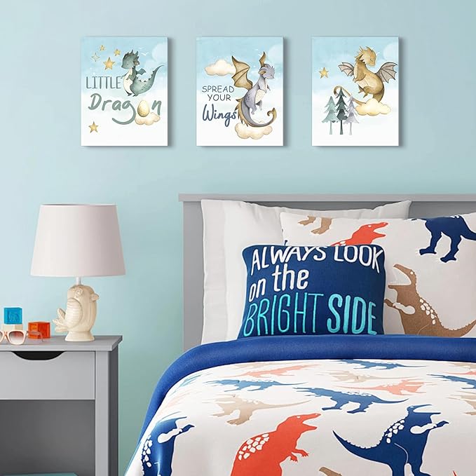 CHDITB Little Dragon Wall Art, Spread Your Wings Framed Canvas Wall Art Set, Fantasy Dragon Decor, Magical Castle Painting, Inspiring Quote Art Prints For Kids Room Nursery Decor(12X16 Inch)