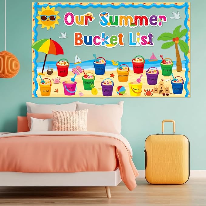 48Pcs Summer Bulletin Board Classroom Decorations Our Summer Bucket List Cutouts Hawaii Sun Beach Name Tags Tropical Hawaii Bucket List Paper Cutouts for Office School Home Chalkboard Classroom Decor