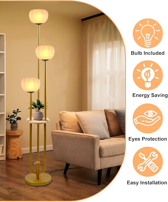 Gold Floor Lamp with Table, Modern Dimmable Floor Lamps with Pumpkin Lampshade, 3000K Soft Warm White Bulbs Included, 3-Light Tall Standing Lamp for Living Room/Bedroom
