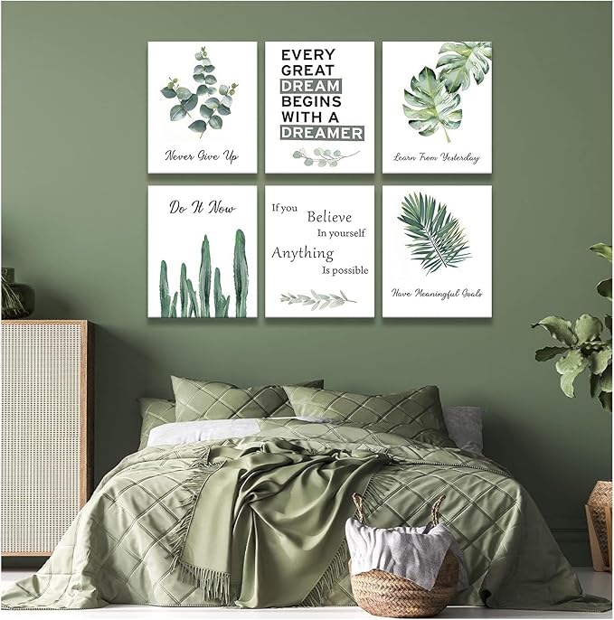 6 pcs Office Inspirational Botanical Canvas Wall Art Eucalyptus Leaves Sage Motivational Quotes Painting Picture Wall Decor Never Give Up Poster Print Artwork For Classroom Bedroom Home Decoration