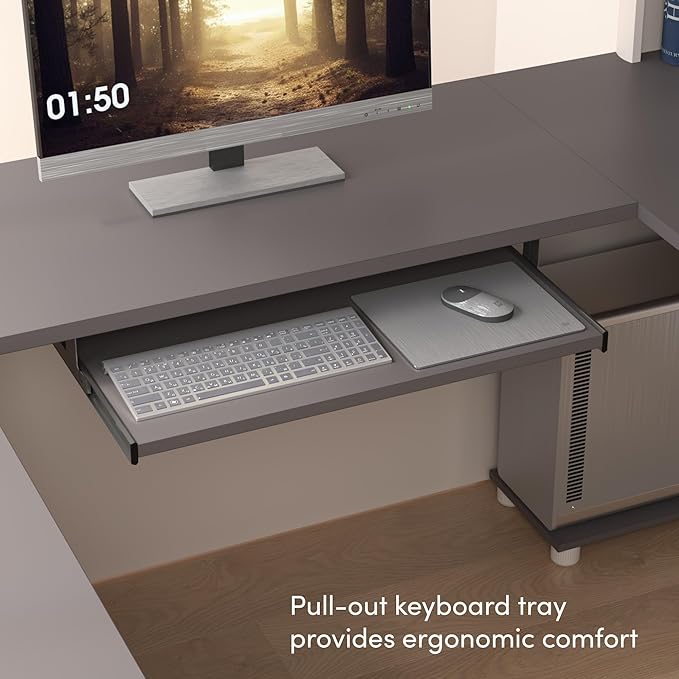 Bestar Connexion L Shaped Desk with Hutch and Pedestal in Slate and Sandstone, 72W | Large Corner Table for Home Office Workspace or Personal Work Area