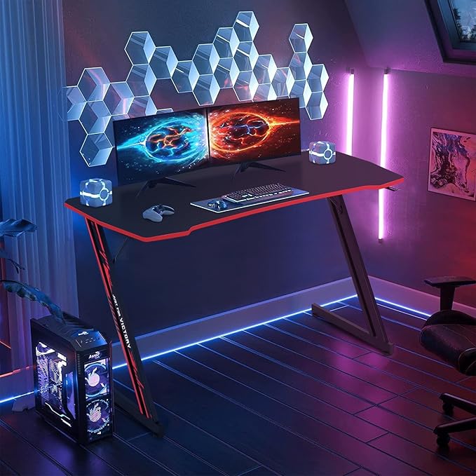 47 in Z-Shaped Home Computer Desk with Hook - Large Gaming Table for Work & Study, PC Gaming Workstation with Carbon Fiber Surface, Sturdy Metal Frame, Stable and Durable, Red
