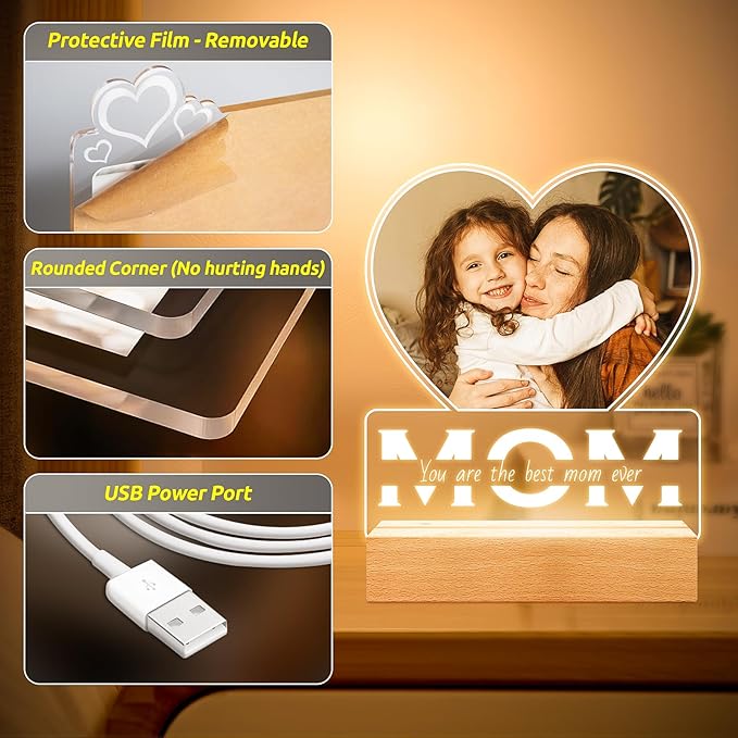 Personalized Mothers Day Gifts for Mom from Daughter and Son, Custom Picture Frames with Photo, Personalized Photo Frame with Night Light, Customized Mom Birthday Gifts