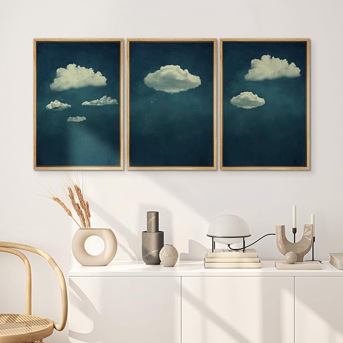 SIGNWIN 3 Piece Framed Canvas Wall Art A Series of White Clouds in The Blue Sky Nature Wilderness Illustrations Abstract Traditional Home Artwork Decoration for Living Room,Bedroom - 24"x36"x3 NATURAL