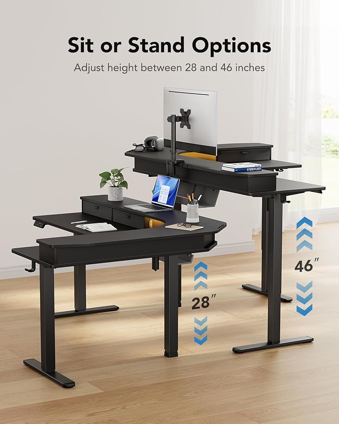 HUANUO 65″ L-Shaped Standing Desk with Power Outlets & LED Strip, Electric Height Adjustable Corner Computer Desk, Sit Stand Up Desk with 3 Drawers, Black