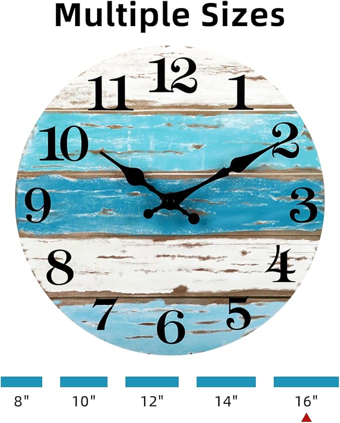 CHYLIN 16 Inch Wall Clock, Large Clocks for Patio, Pool Beach House Decor Tropical Clocks for Walls, Nautical Coastal Themed Blue Clock for Lake House, Bathroom, Living Room, Kitchen (16")