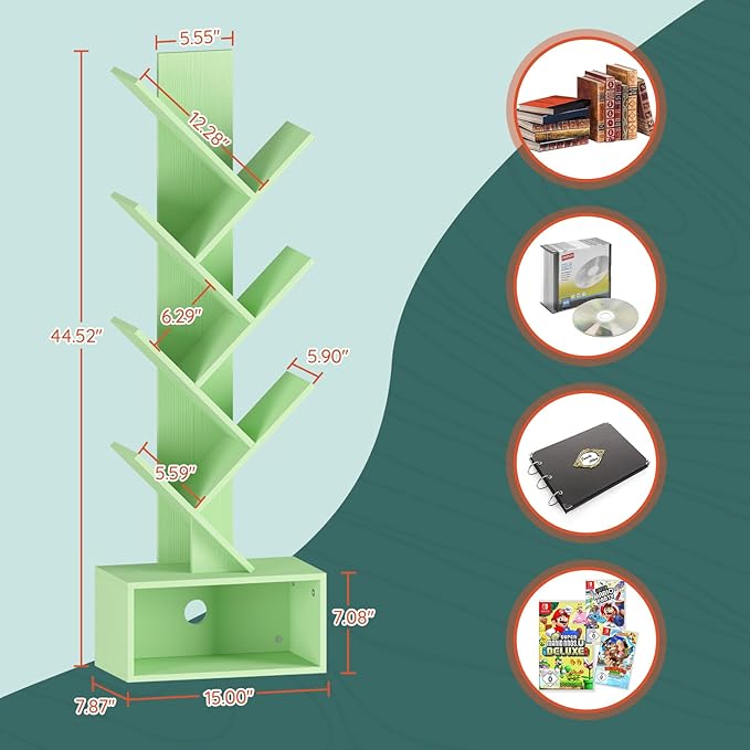Yoobure Tree Bookshelf - 6 Shelf Retro Floor Standing Bookcase, Tall Wood Book Storage Rack for CDs/Movies, Utility Book Organizer Shelves for Bedroom, Living Room, Home Office Green