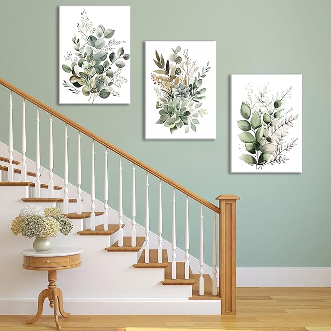 Bwodke Botanical Wall Art Plant Floral Watercolor Canvas Prints Set of 3 Framed Sage Green Painting Eucalyptus Leaf Picture Modern Minimalist Boho Decor Bedroom Bathroom Living Room 12"x16"