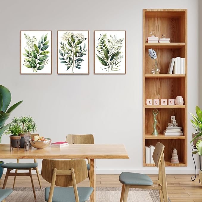 Bwodke Botanical Wall Art Plant Floral Watercolor Poster Canvas Prints Set of 3 Framed Sage Green Painting Eucalyptus Leaf Picture Modern Minimalist Home Decor Bedroom Bathroom Living Room 12"x16"