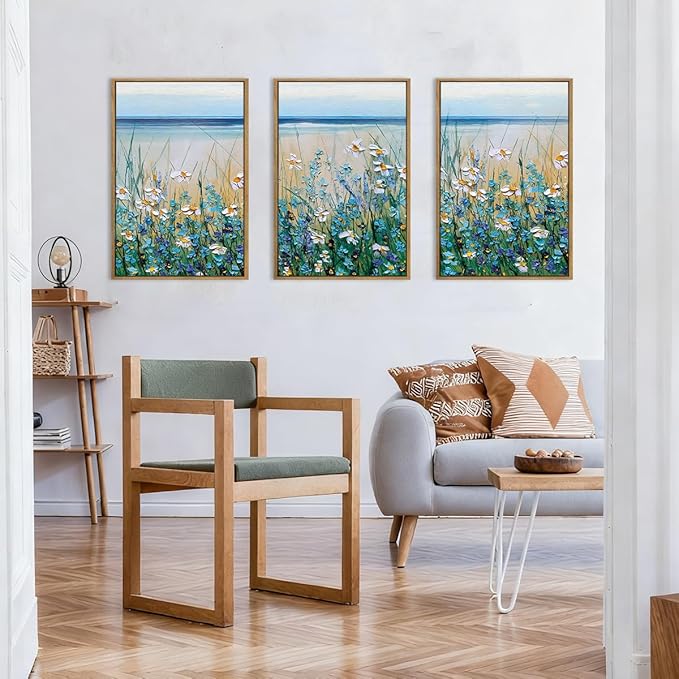BINCUE Extra Large Blue Flowers Wall Art Framed,Watercolor Wildflowers Artwork,Blue Florals Canvas Wall Art,Flower Sea Artwork Landscape,Blossom Seaside Painting Daisy for Living Room Bedroom 16x24‘’